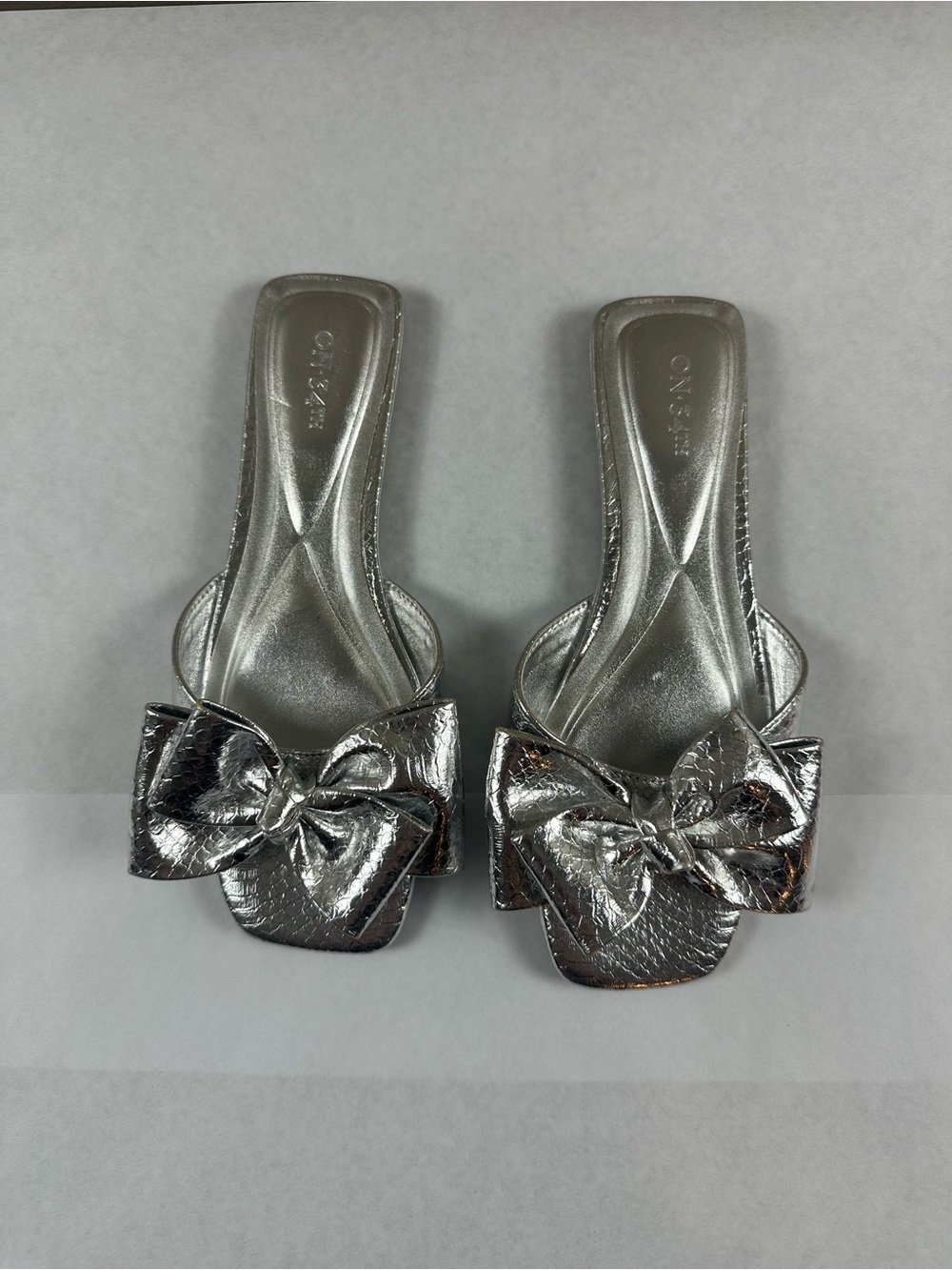 Metallic Silver Bow Slide Mules for Women